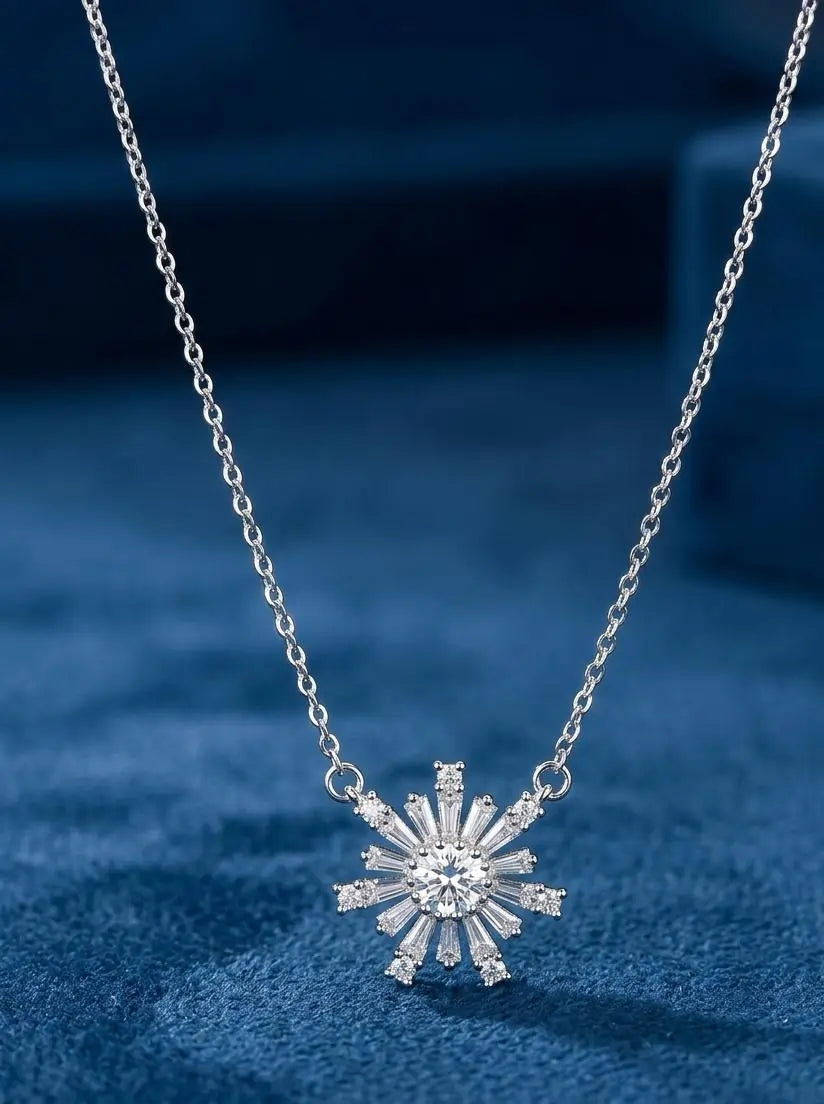 Celestial White Zircon Sunburst Necklace – Brilliant Silver Pendant