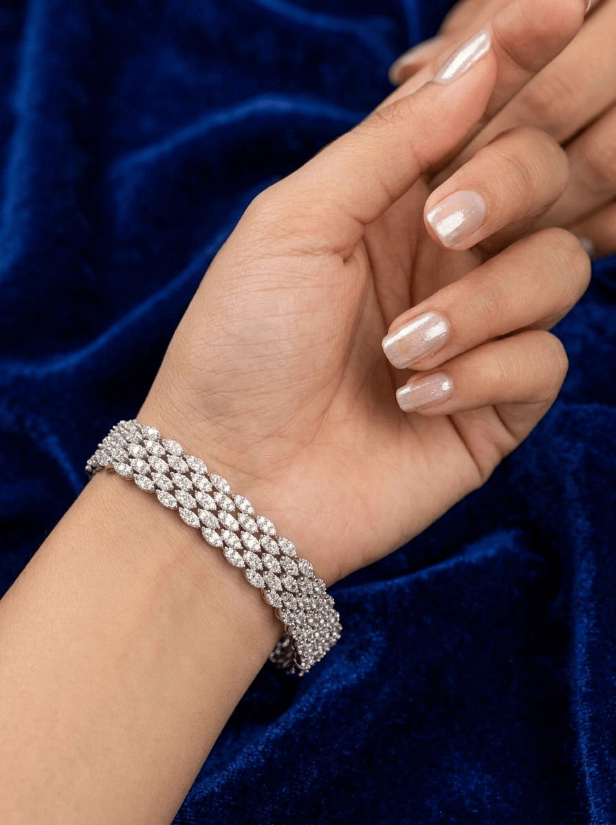 Empress Leaf Zircon Bracelet in Silver - Stunning Cubic Zirconia Stones Perfect for Bridal and Party Wear, exclusively at Mishi Collections Pakistan.