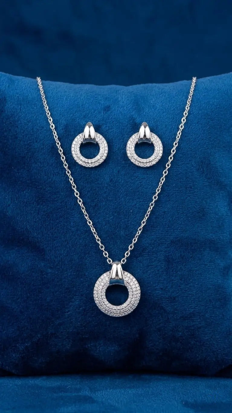 Infinity Circle Zircon Necklace Set – Modern Silver Pendant & Earrings